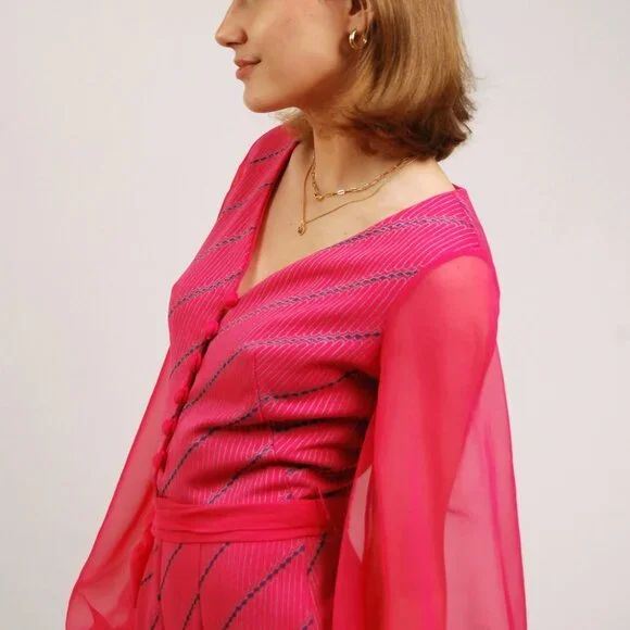 70s Palazzo Jumpsuit (XS) vintage pink alfred shaheen wide leg bishop sleeve 60s